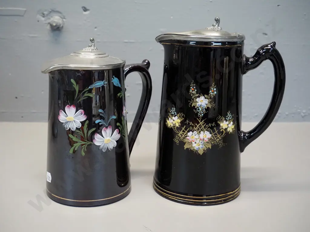 2 English hand-painted floral motif jugs with pewter lids - taller is H-200 Image 1++