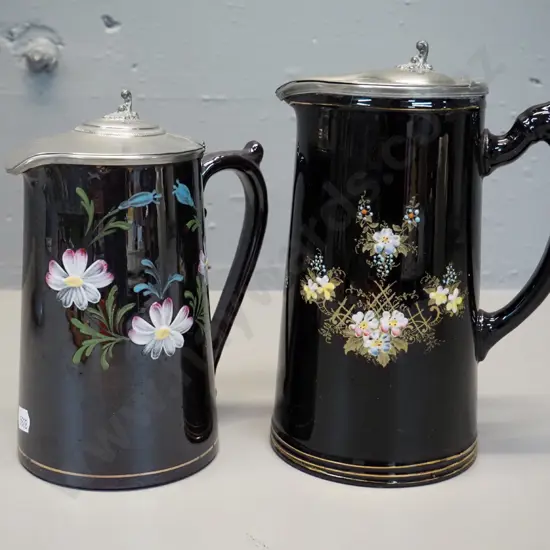 2 English hand-painted floral motif jugs with pewter lids - taller is H-200