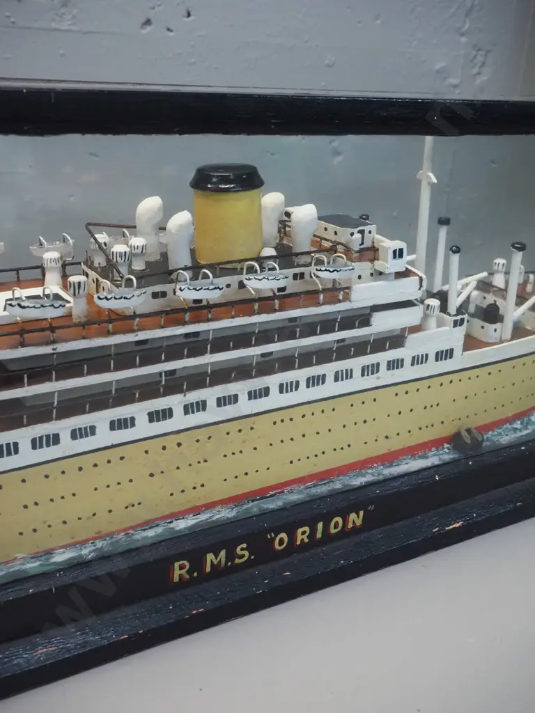 vintage model passenger ship in glazed timber display case - RMS Orion. Some paint flaking from case. H-280 L-770 D-160 Image 1++
