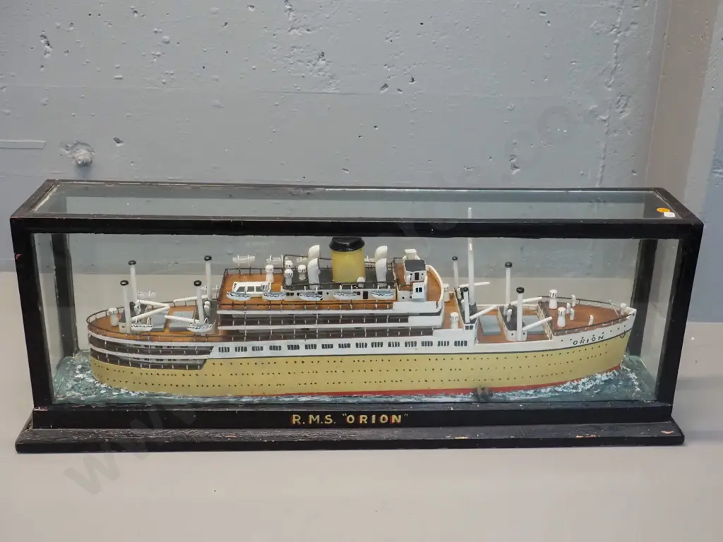 vintage model passenger ship in glazed timber display case - RMS Orion. Some paint flaking from case. H-280 L-770 D-160 Image 1++