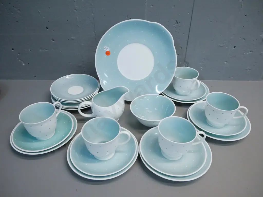 Susie Cooper polka dot pattern part tea set - 5 complete trios, 3 spare plates & saucers, cake plate, cream & sugar Image 1++
