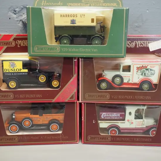 5 Matchbox Models of Yesteryear model vehicles in original boxes - delivery trucks and a wrecker's truck