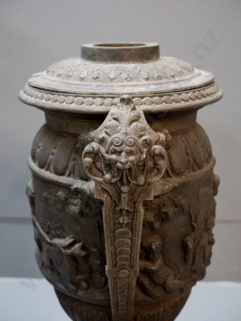 vintage cast metal lidded urn with rustic aged finish - missing handle or finial to lid, one handle a little loose H-380 Image 1++