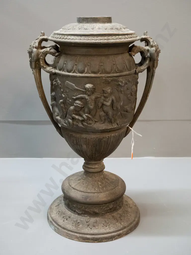 vintage cast metal lidded urn with rustic aged finish - missing handle or finial to lid, one handle a little loose H-380 Image 1++