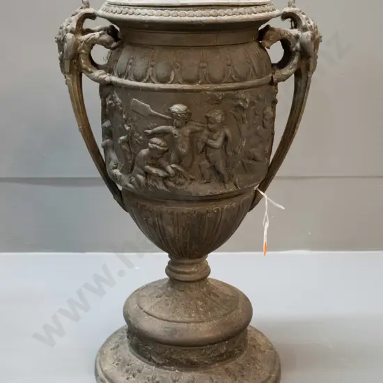 vintage cast metal lidded urn with rustic aged finish - missing handle or finial to lid, one handle a little loose H-380