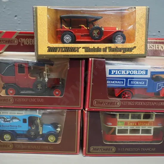 5 Matchbox Models of Yesteryear model vehicles in original boxes - delivery trucks, bus etc.