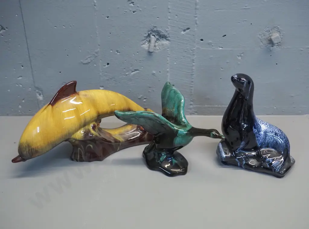 3 Blue Mountain pottery animal figures - blue glaze seal H-200 L-160, gold dolphin and teal duck Image 1++