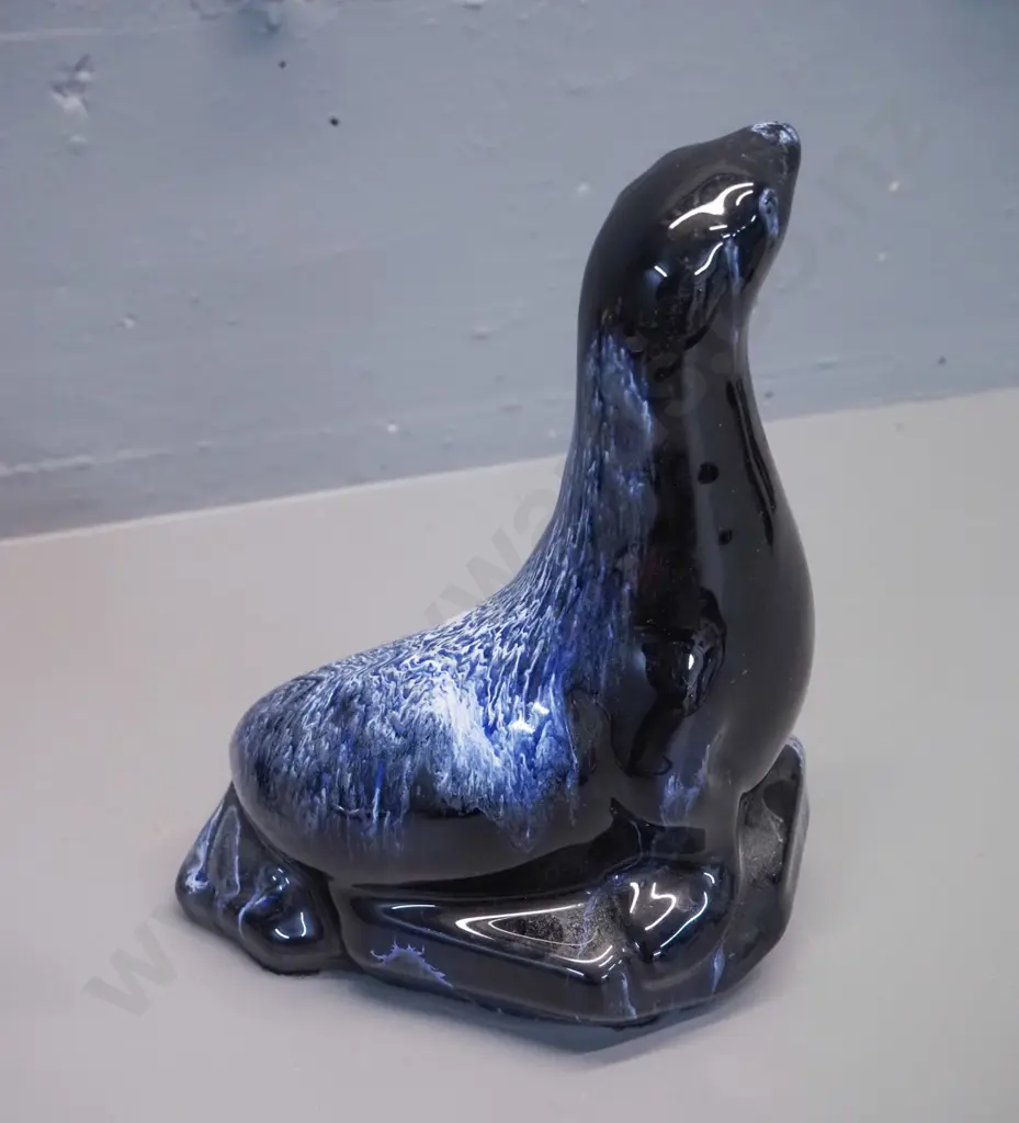 3 Blue Mountain pottery animal figures - blue glaze seal H-200 L-160, gold dolphin and teal duck Image 1++