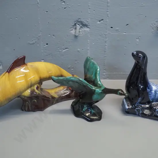 3 Blue Mountain pottery animal figures - blue glaze seal H-200 L-160, gold dolphin and teal duck