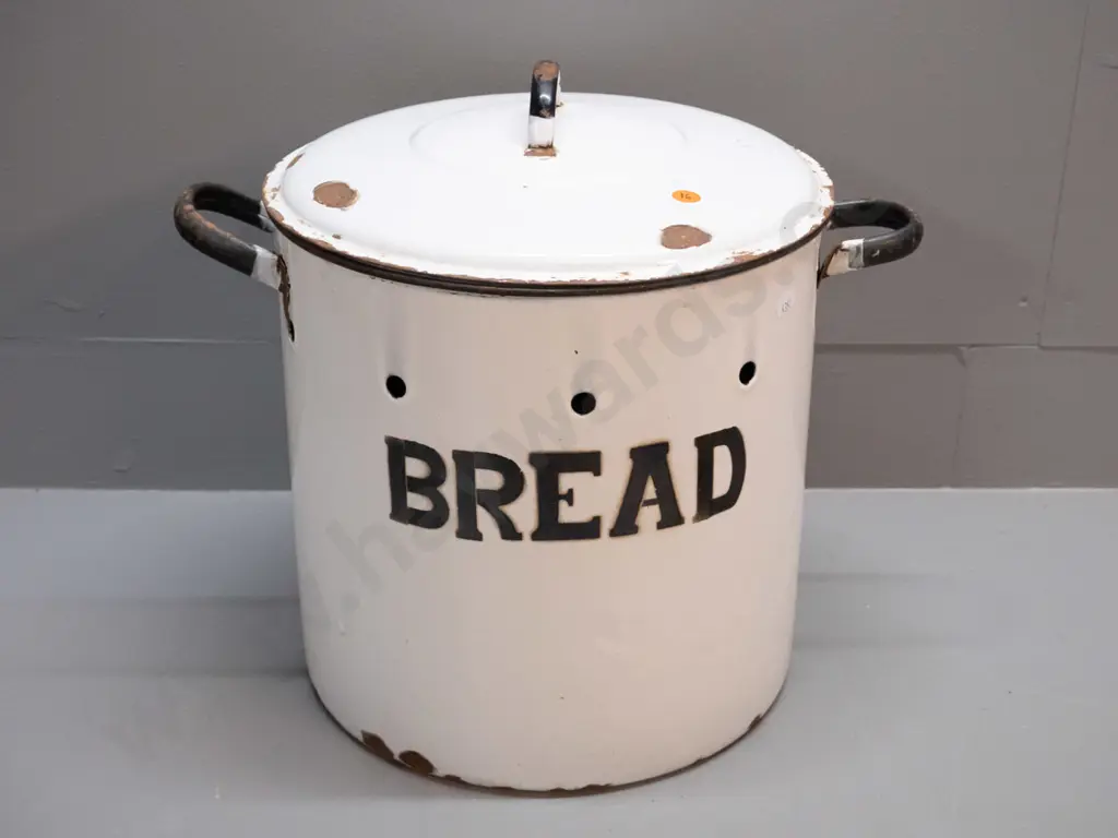 vintage black and white metal bread container - some loss to enamel H-300 D-300 Image 1++