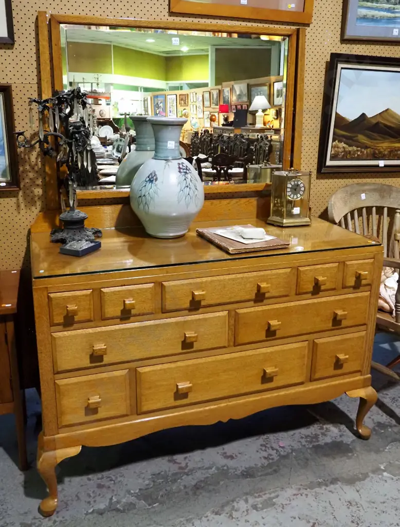 vintage oak cab-leg mirror back 10-drawer dressing table with central pull-out writing slope, timber knobs, protective Image 1++