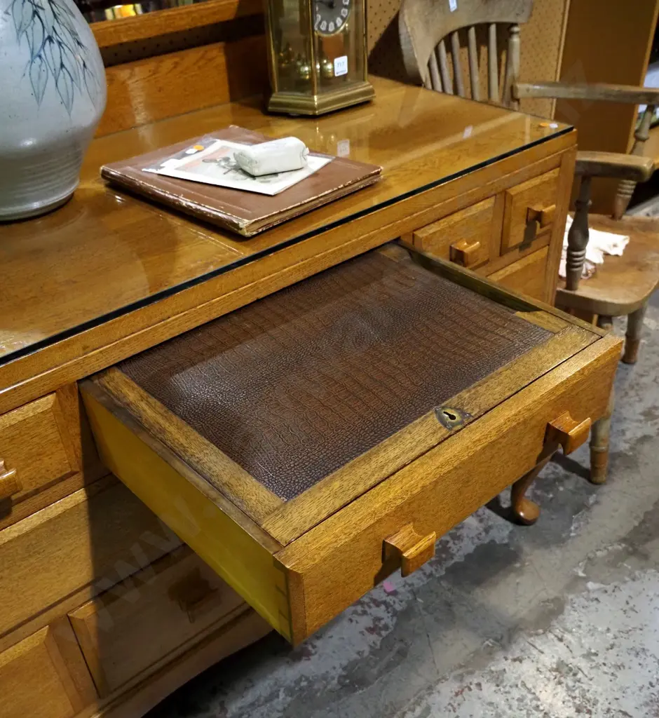 vintage oak cab-leg mirror back 10-drawer dressing table with central pull-out writing slope, timber knobs, protective Image 1++