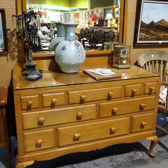 vintage oak cab-leg mirror back 10-drawer dressing table with central pull-out writing slope, timber knobs, protective