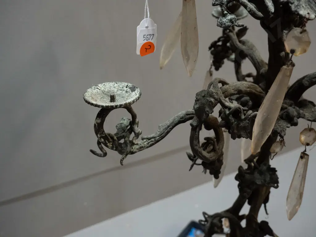 vintage cast metal candelabra with lustres & ornate vine and leaf decoration, rustic aged finish - missing one candle Image 1++