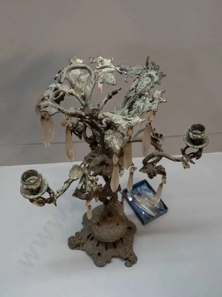 vintage cast metal candelabra with lustres & ornate vine and leaf decoration, rustic aged finish - missing one candle Image 1++