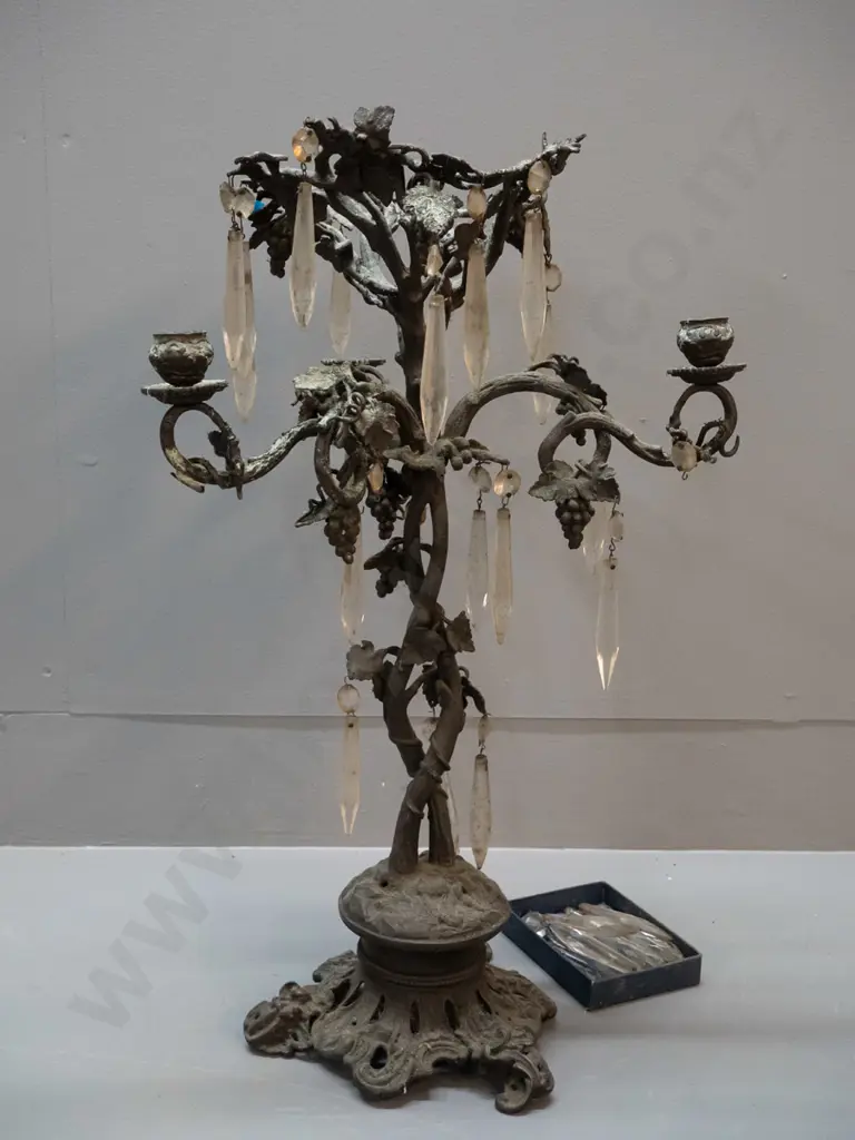 vintage cast metal candelabra with lustres & ornate vine and leaf decoration, rustic aged finish - missing one candle Image 1++