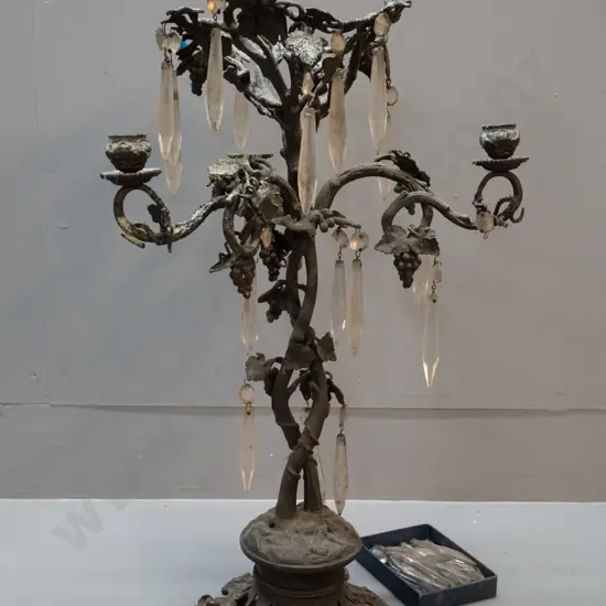 vintage cast metal candelabra with lustres & ornate vine and leaf decoration, rustic aged finish - missing one candle