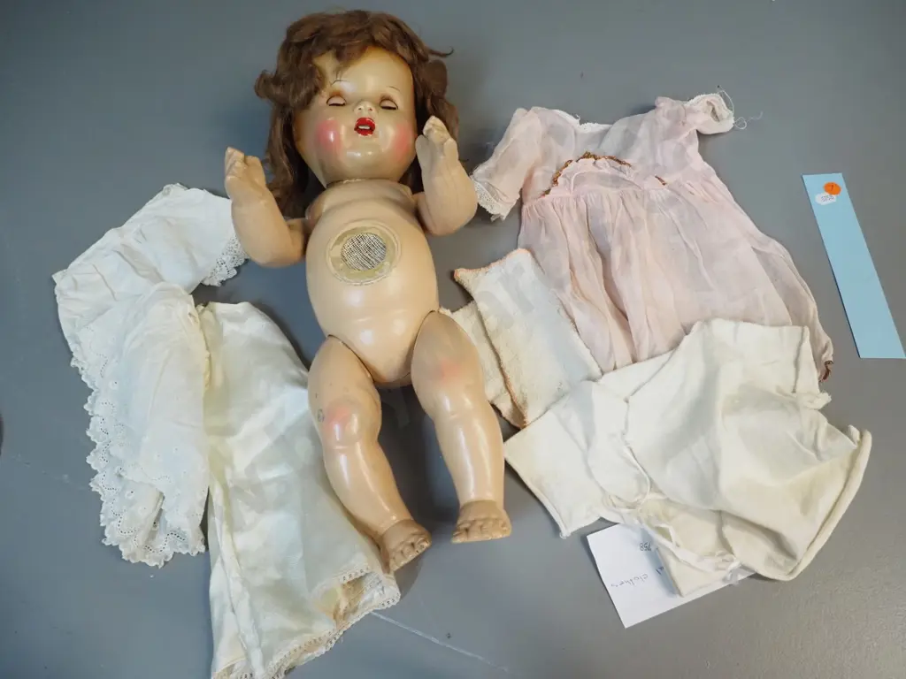 vintage 1940s doll with original clothing H-430 - some damage and wear, non-working voice / sound maker Image 1++