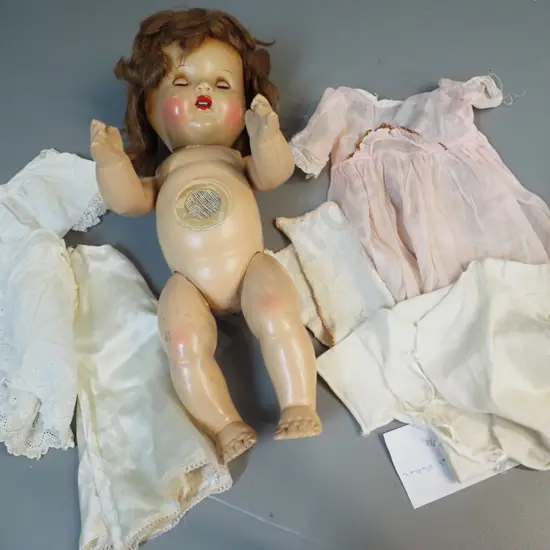 vintage 1940s doll with original clothing H-430 - some damage and wear, non-working voice / sound maker