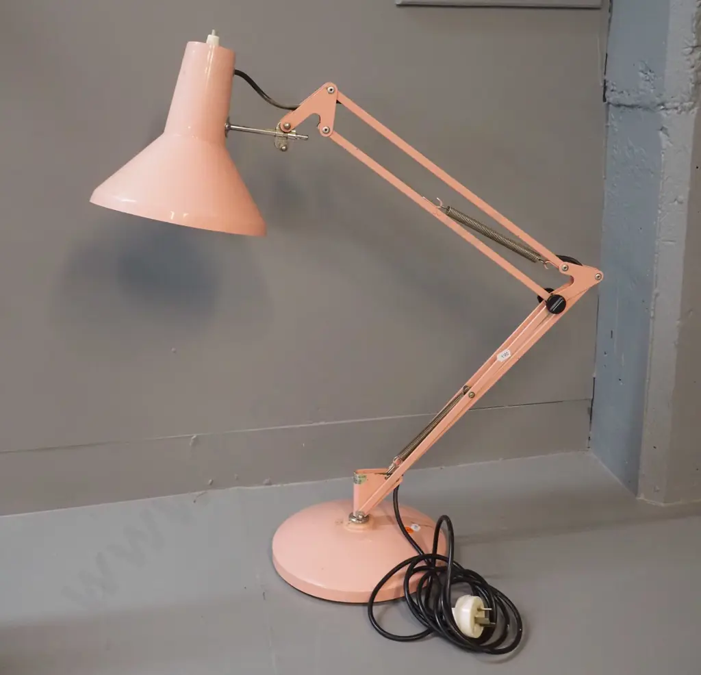 pink anglepoise lamp - label w/ TS Littlejohn 1980. Some scratches to paint. Shade D-190, H-680 as photographed Image 1++