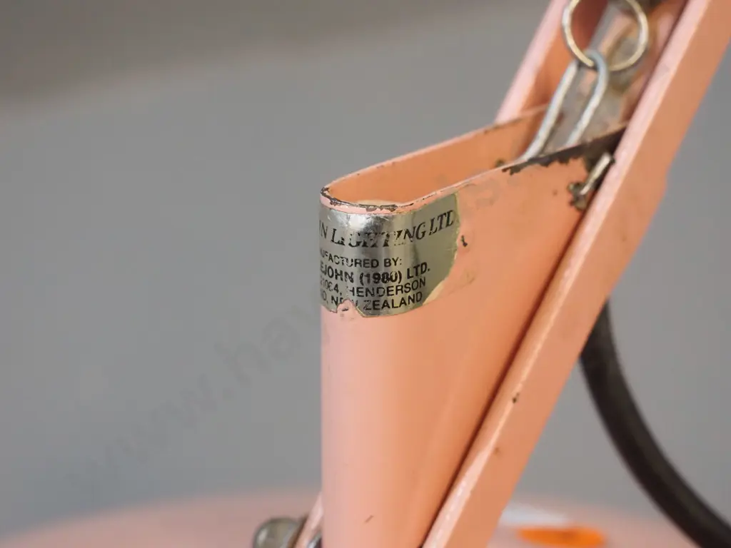 pink anglepoise lamp - label w/ TS Littlejohn 1980. Some scratches to paint. Shade D-190, H-680 as photographed Image 1++