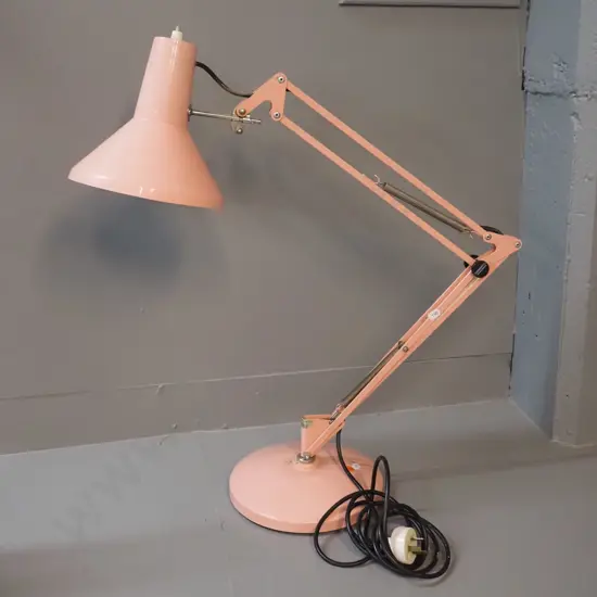 pink anglepoise lamp - label w/ TS Littlejohn 1980. Some scratches to paint. Shade D-190, H-680 as photographed