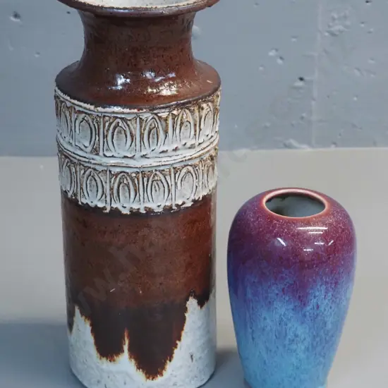 2 pottery vases - large incised pattern H-320 and smaller mauve and blue drip glaze, no maker's marks