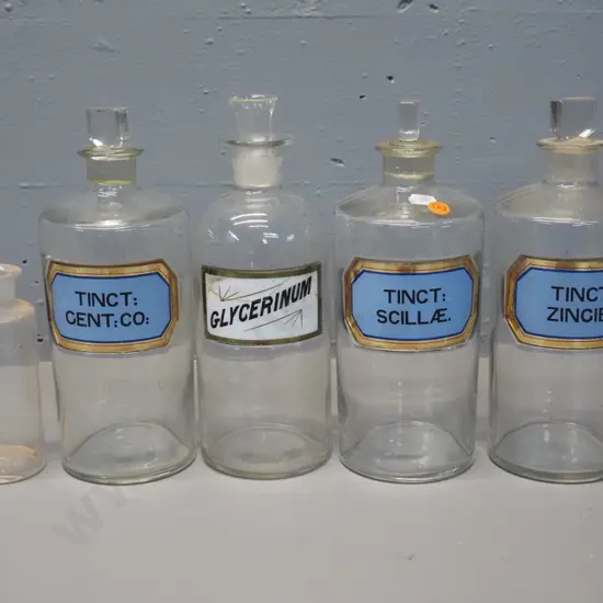 5 apothecary bottles 4 larger with labels, one has pouring insert in place of stopper, some stoppers stuck - H-250 D-100