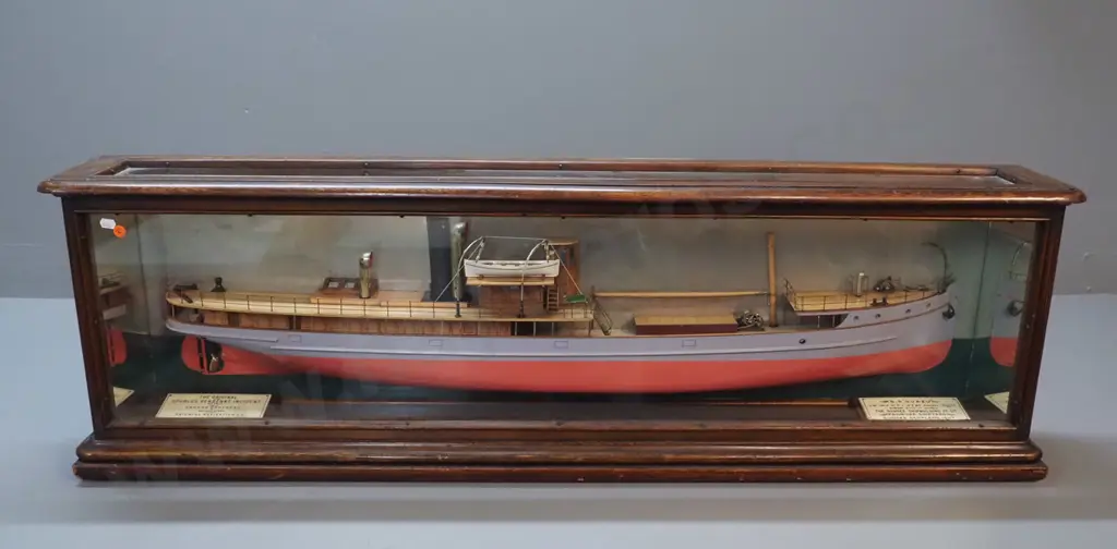vintage half-model passenger ship in glazed timber display case - SS Guazu - see photos for Info. H-380 L-1220 D-170 Image 1++