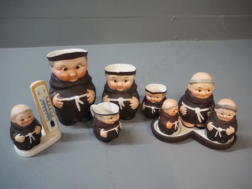 Goebels Friar Tuck ware - condiment set, graduated set of 3 jugs plus one other, and thermometer. Tallest jug H-150 Image 1++