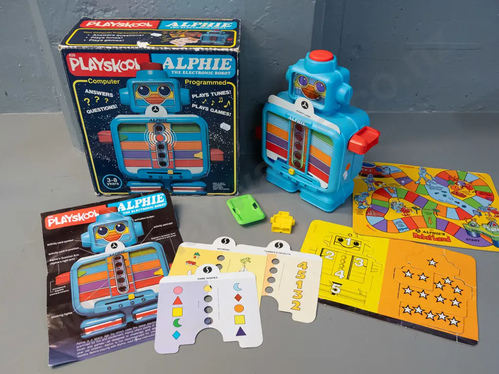 retro Playskool Alphie electronic robot educational toy H-270 W-240 with cards, instructions, original box Image 1++