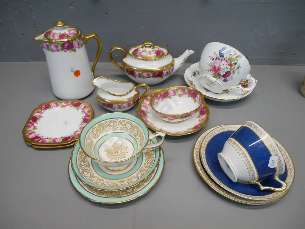 English bone china teaware: Royal Albert heavy gilt Old English Rose part tea for two, minus cups & 1 saucer, Hammersley Image 1++