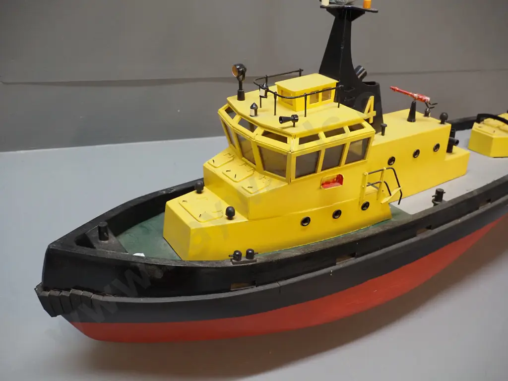 painted timber model boat - tug or fireboat? Has motor, untested. H-390 L-720 Image 1++