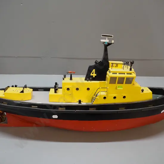 painted timber model boat - tug or fireboat? Has motor, untested. H-390 L-720