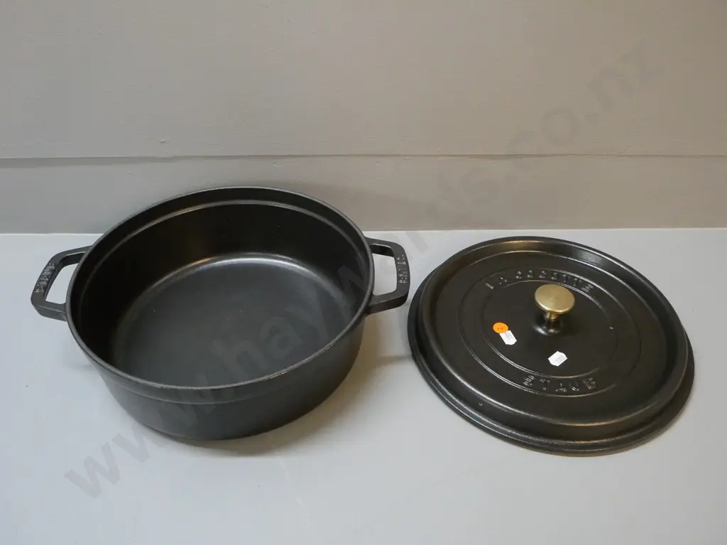Staub "La Cocotte" made in France heavy cast iron 10.25 inch lidded casserole with brass handle H140 W-330 at handles Image 1++