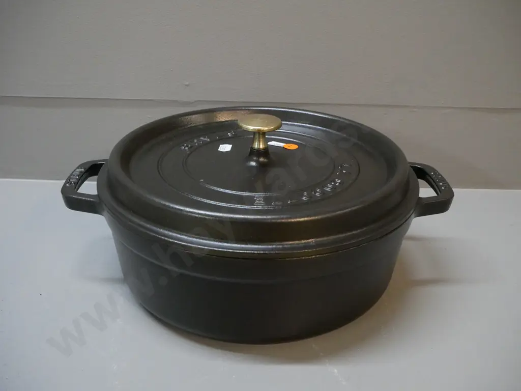 Staub "La Cocotte" made in France heavy cast iron 10.25 inch lidded casserole with brass handle H140 W-330 at handles Image 1++