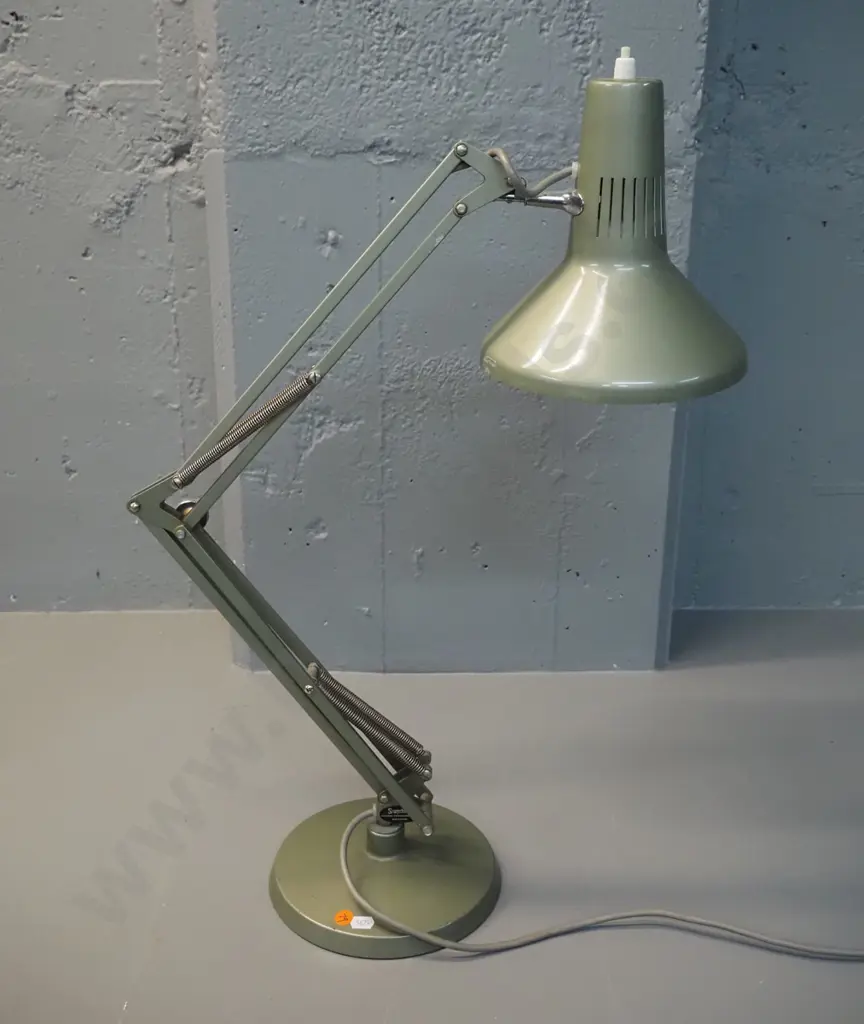 Superlux NZ anglepoise lamp in greenish grey finish. Shade D-180 H-700 as photographed. Some chips to paint. Image 1++