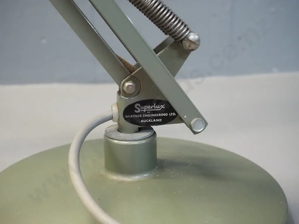 Superlux NZ anglepoise lamp in greenish grey finish. Shade D-180 H-700 as photographed. Some chips to paint. Image 1++