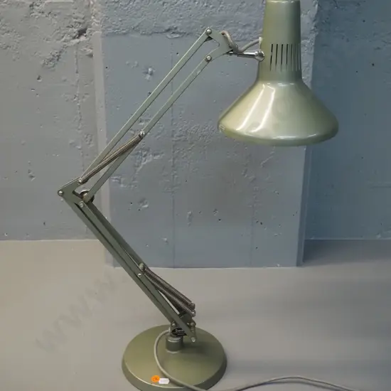 Superlux NZ anglepoise lamp in greenish grey finish. Shade D-180 H-700 as photographed. Some chips to paint.