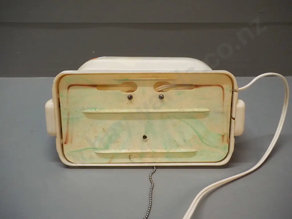 retro bakelite or plastic wall mount reading lamp with tilting shade, pull cord switch, some paint marks, discolouration Image 1++