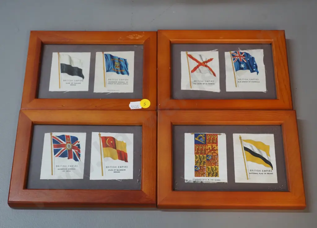 8 collectable silk British Empire naval flags in 4 frames - from tobacco packs. Frames H130 W180 Image 1++