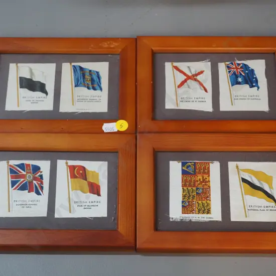 8 collectable silk British Empire naval flags in 4 frames - from tobacco packs. Frames H130 W180