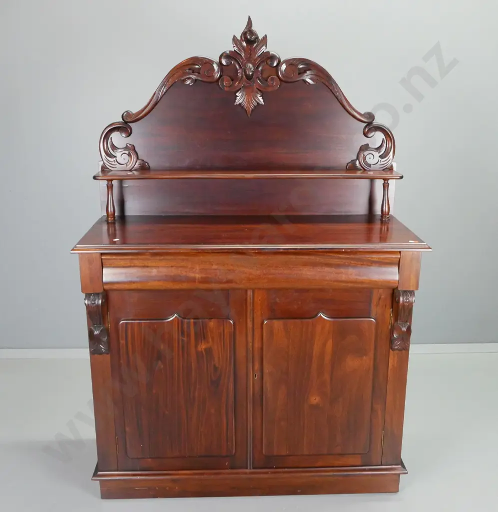 reproduction mahogany carved-back chiffonier with one lined & cutlery divided drawer, 2 doors, escutcheons & key H-1590 Image 1++