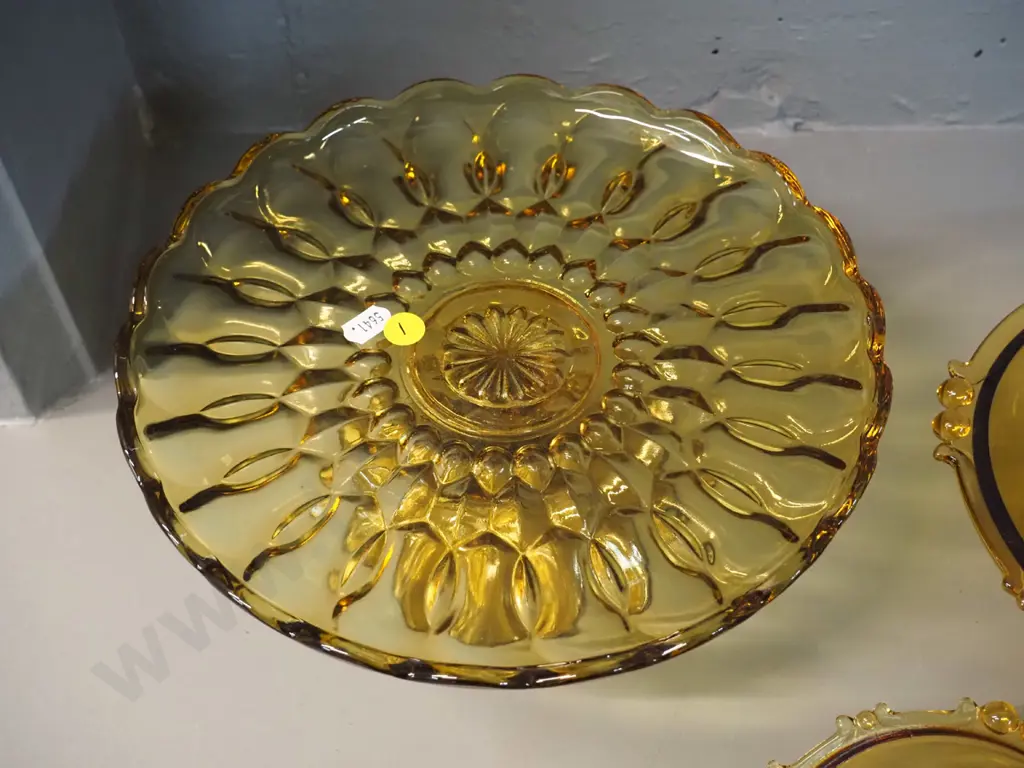 amber depression glass sweet set and a cake stand D-250 Image 1++
