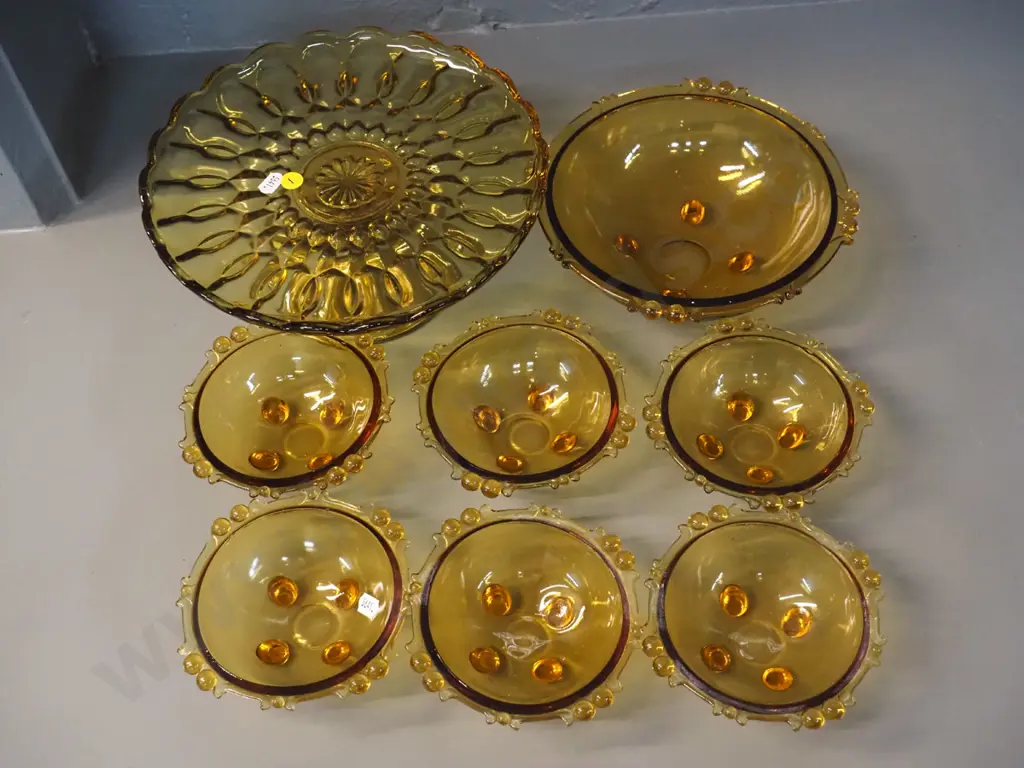 amber depression glass sweet set and a cake stand D-250 Image 1++