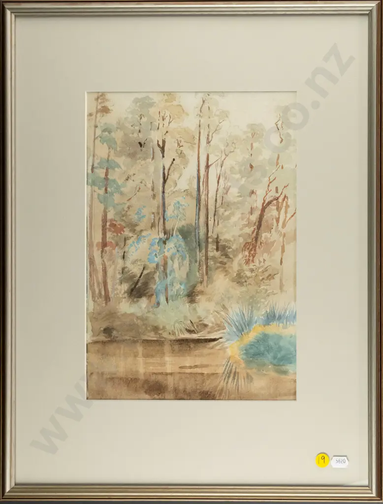 T Cousins - framed watercolour - tree and river scene H-315 W-215 Image 1++