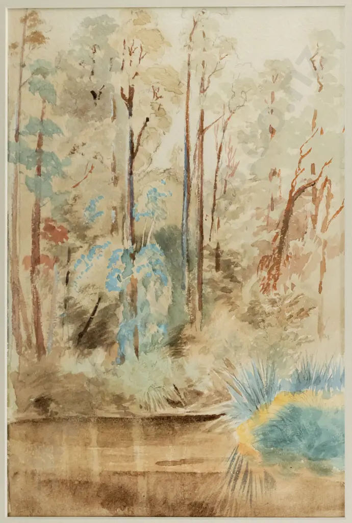 T Cousins - framed watercolour - tree and river scene H-315 W-215 Image 1++
