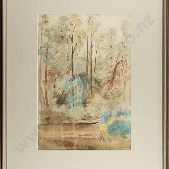 T Cousins - framed watercolour - tree and river scene H-315 W-215
