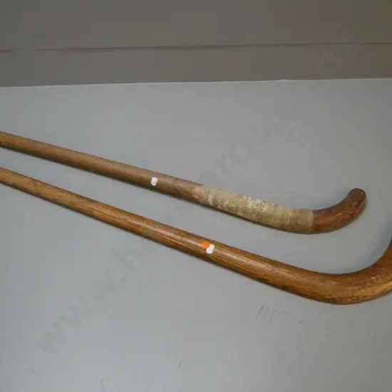 2 vintage field hockey sticks - one marked "The National" and intiials AKH L-920, some wear, other has cord binding