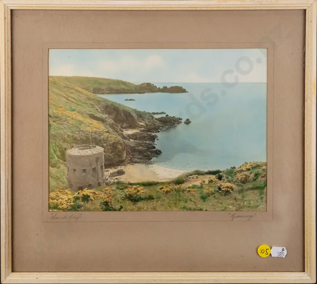 framed vintage hand coloured photograph "Saints Bay Guernsey" H-175 W-230 (slight aging) Image 1++